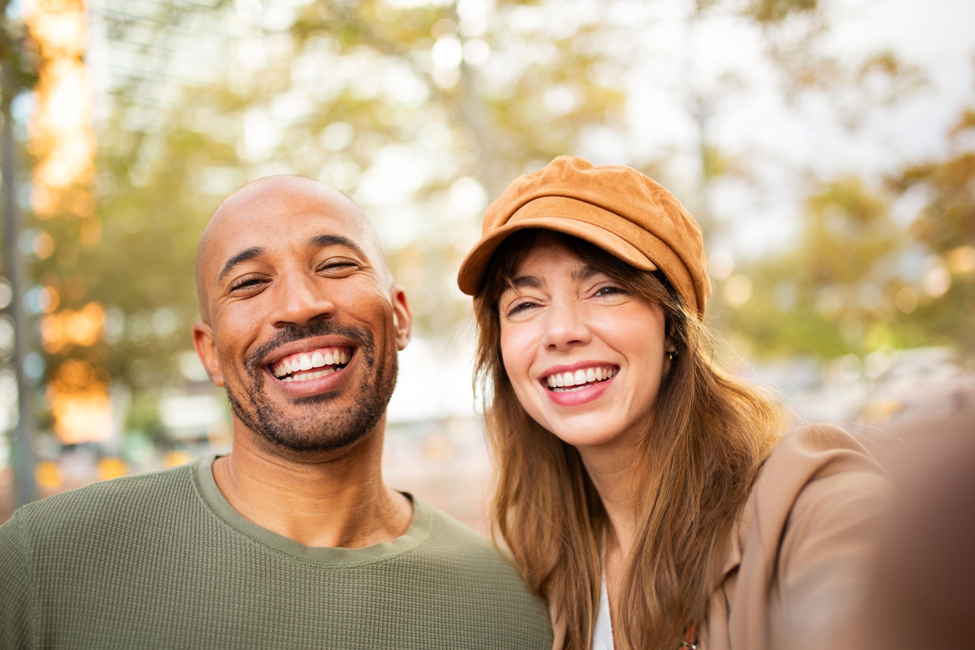 portrait happy couple taking selfie
