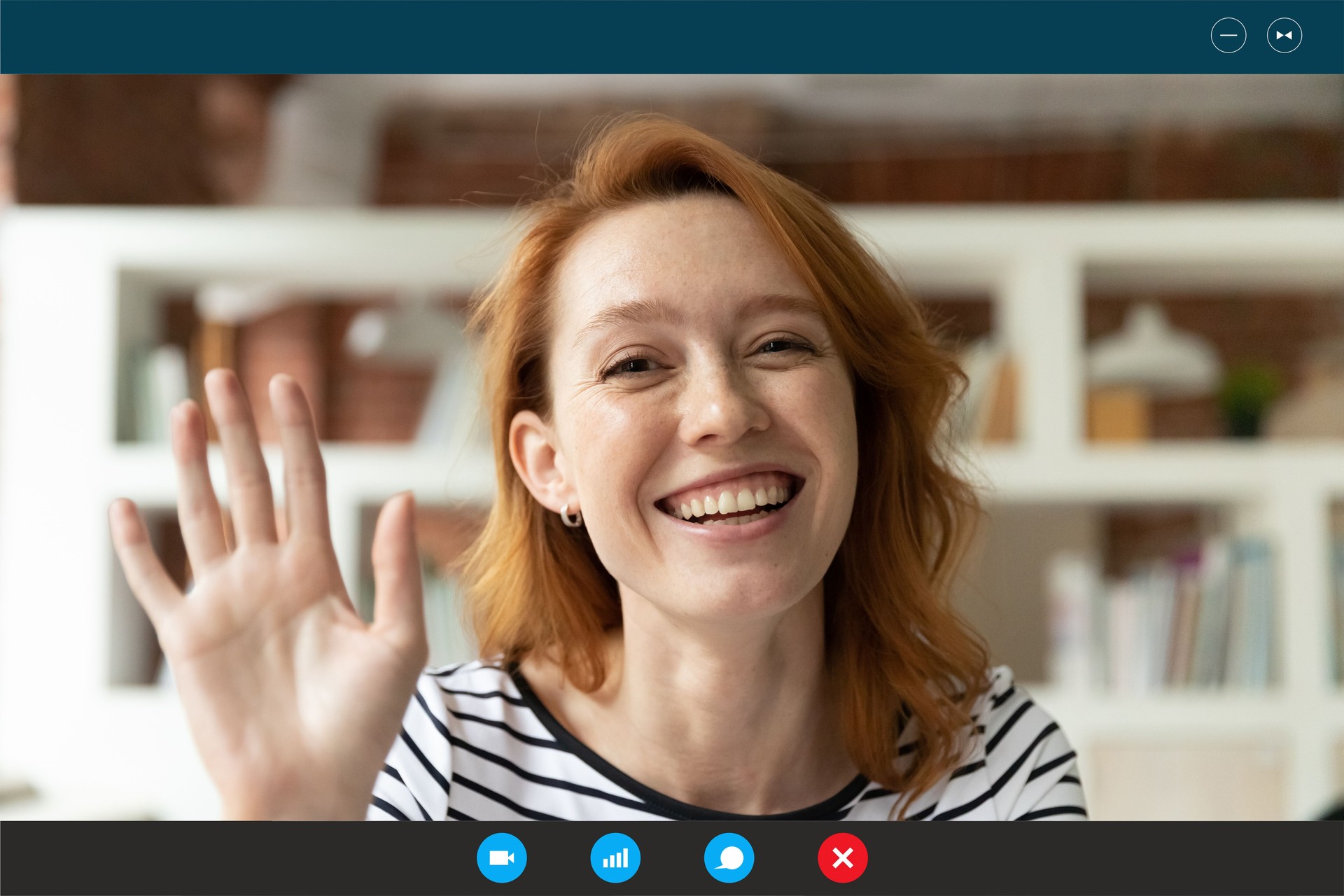 Smiling woman wave to camera talking on video call